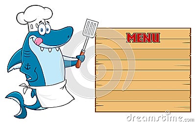 Chef Blue Shark Cartoon Mascot Character Licking His Lips And Holding A Spatula To Wooden Blank Board With Text Menu Vector Illustration