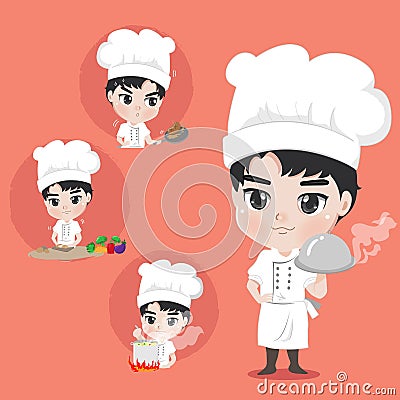 Chef boy many action for cooking. Vector Illustration