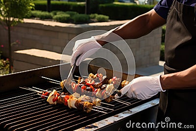 chef brushing jerk marinade on drumsticks on outdoor grill Stock Photo