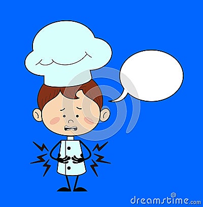 Chef Cartoon - Feeling Pain in Stomach with Speech Bubble Stock Photo