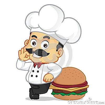 Chef cartoon leaning on burger Vector Illustration