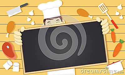 Chef Character Holding a Blackboard as Blank Copy Space Text Area Vector Illustration