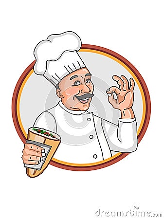 Chef characters cartoon and okay and with doner bread and dÃ¶ner circle background character white background Vector Illustration