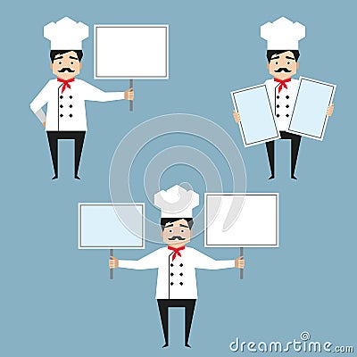 Chef characters holding white banners Vector Illustration