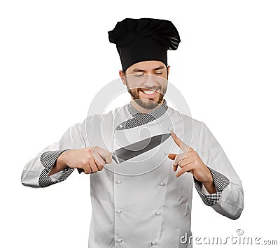 Chef checks his knife sharpness. isolated on white Stock Photo