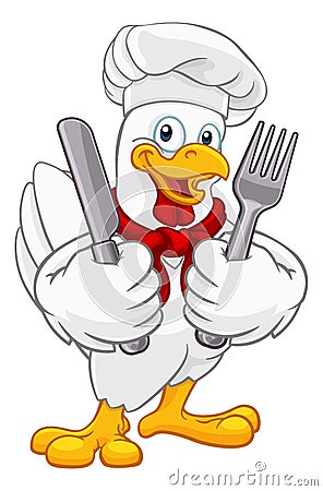 Chef Chicken Rooster Cockerel Knife Fork Cartoon Vector Illustration