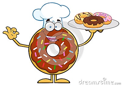 Chef Chocolate Donut Cartoon Character Serving Donuts Vector Illustration