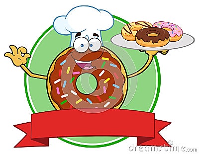 Chef Chocolate Donut Cartoon Character With Sprinkles Serving Donuts Circle Label Vector Illustration