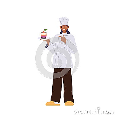 Chef confectioner winking eye presenting new delicious cake on plate isolated on white Vector Illustration