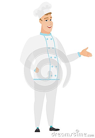 Chef cook with arm out in a welcoming gesture. Vector Illustration