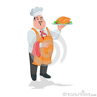 Chef cook with grilled chicken on plate Vector Illustration