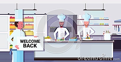 Chef cook holding welcome back sign board coronavirus quarantine is ending victory over covid-19 concept Vector Illustration