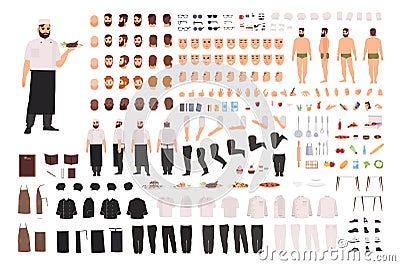 Chef, cook or kitchen worker creation set or DIY kit. Collection of body parts, facial expressions, postures, clothing Vector Illustration