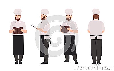 Chef, cook or restaurant worker wearing uniform and toque reading recipe or culinary book. Male cartoon character Vector Illustration