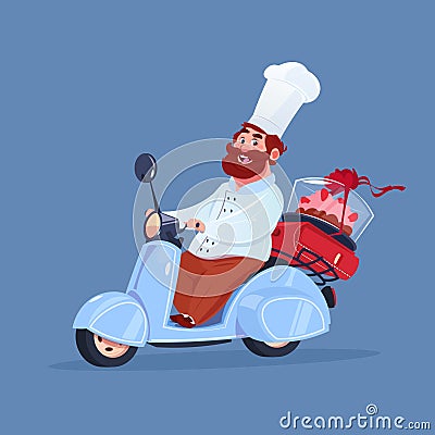 Chef Cook Riding Electric Scooter Delivery Of Cake Vector Illustration