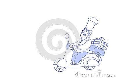 Chef cook riding electric scooter pizza fast food delivery concept vintage motorcycle sketch doodle horizontal Vector Illustration