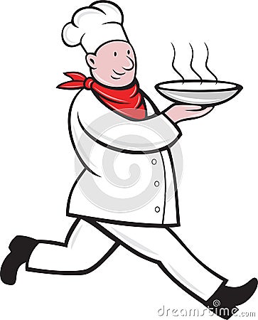 Chef cook running serving hot soup bowl Stock Photo