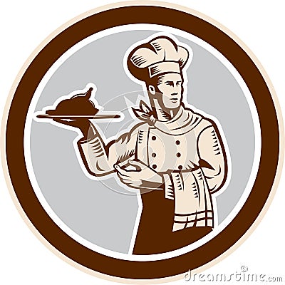 Chef Cook Serving Food Platter Circle Retro Vector Illustration