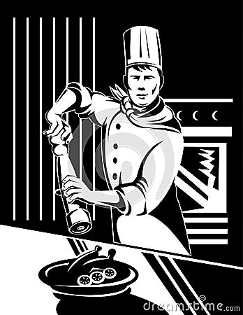 Chef Cook shaking a pepper mill Vector Illustration