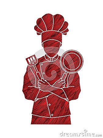 Chef cook standing crossed arms with pan and spatula Vector Illustration