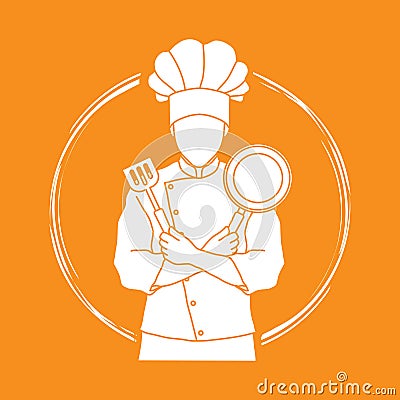 Chef cook standing crossed arms with pan and spatula Vector Illustration