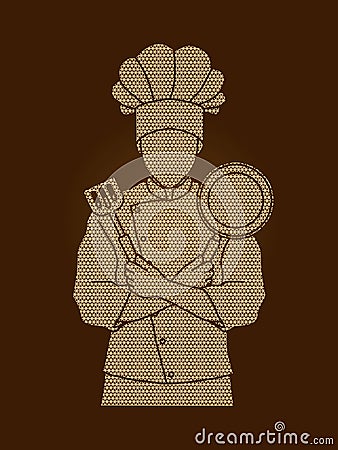 Chef cook standing crossed arms with pan and spatula Vector Illustration