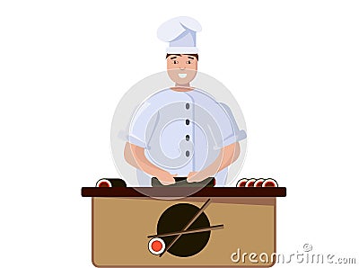 Chef cook sushi on kitchen isolated illustration. Vector Cartoon Illustration