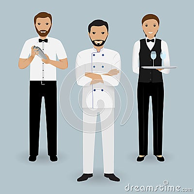 Chef cook, waitress in uniform and barman standing together. Restaurant people characters. Vector Illustration