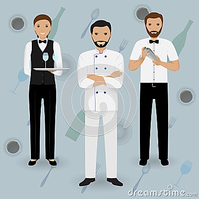 Chef cook, waitress in uniform and barman standing together on a tableware background. Restaurant people characters. Vector Illustration