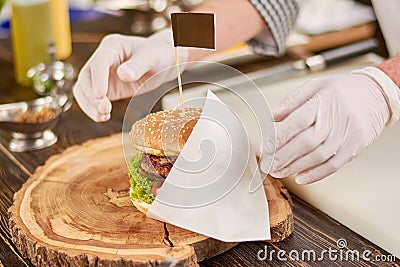 Chef cooked delicious burger. Stock Photo