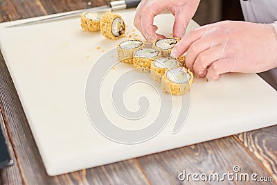 Chef cooked sushi at kitchen. Stock Photo