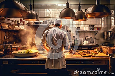 Chef cooking in a busy restaurant kitchen back view. Generative AI Cartoon Illustration