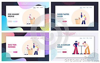 Chef Cooking Fish in Restaurant. People Eating Fastfood Website Landing Page Set. Healthy and Unhealthy Dinner Vector Illustration