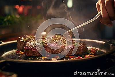 Chef cooking fresh steak tasty beef meat steaming generated by AI Stock Photo