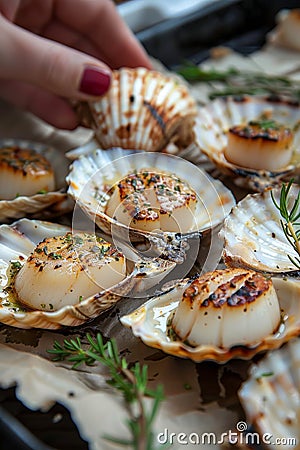 Chef cooking grilled scallops in creamy lemon butter or cajun spicy sauce with herbs Stock Photo