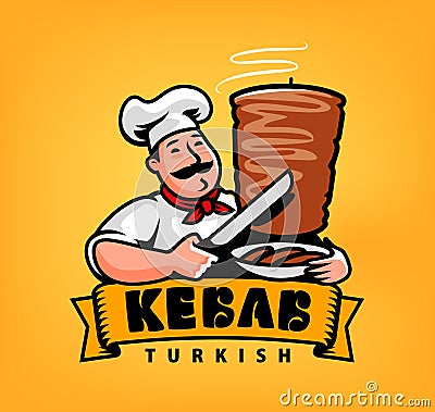 Chef cooking kebab. Arabic cuisine logo. Fast food menu emblem Vector Illustration