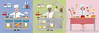 Chef cooking in restaurant. Vector Illustration