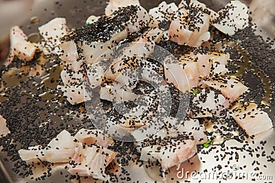 Chef Cutting salmon fish Stock Photo