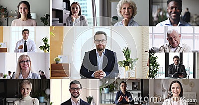 Chef de file des affaires et communication multiraciale de groupe d'employés dans la discussion virtuelle banque de vidéos Chef de file des affaires et communication multiraciale de groupe d'employés dans la discussion virtuelle banque de vidéos