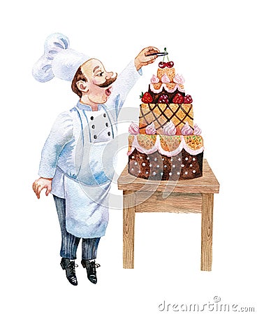 The chef decorates a cake. Watercolor. Stock Photo