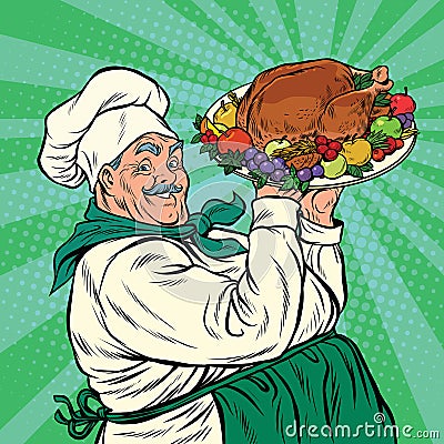 Chef with a dish roast Turkey Vector Illustration