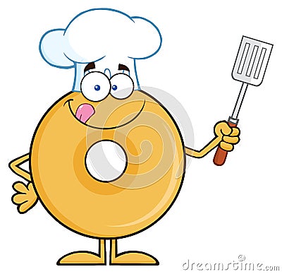 Chef Donut Cartoon Character Holding A Slotted Spatula Vector Illustration