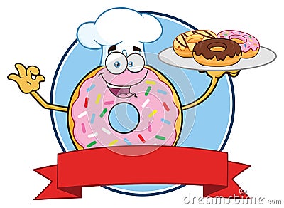 Chef Donut Cartoon Mascot Character With Sprinkles Circle Label Design Vector Illustration