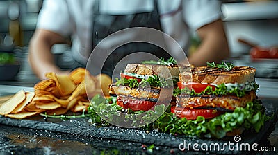 Chef finalizes a gourmet sandwich with flair. Stock Photo