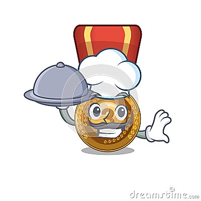 Chef with food bronze medal with the cartoon shape Vector Illustration