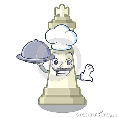 Chef with food king chess above wooden cartoon table Vector Illustration