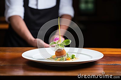 chef garnishing arancini plate with basil leaves Stock Photo