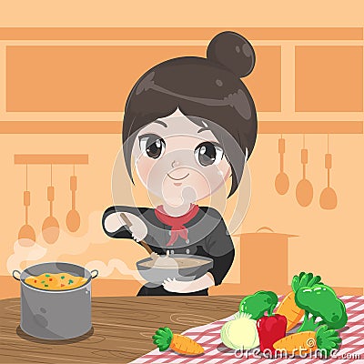 Chef girl is cooking in her kitchen. Vector Illustration