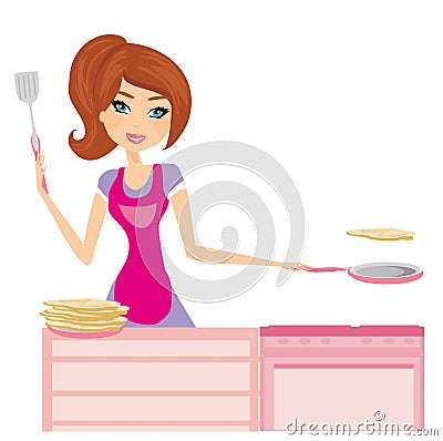 Chef girl fries pancakes on Shrovetide Vector Illustration