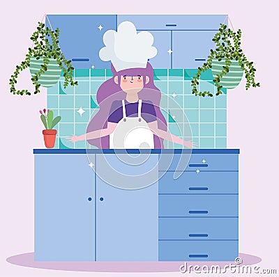 chef girl home Vector Illustration